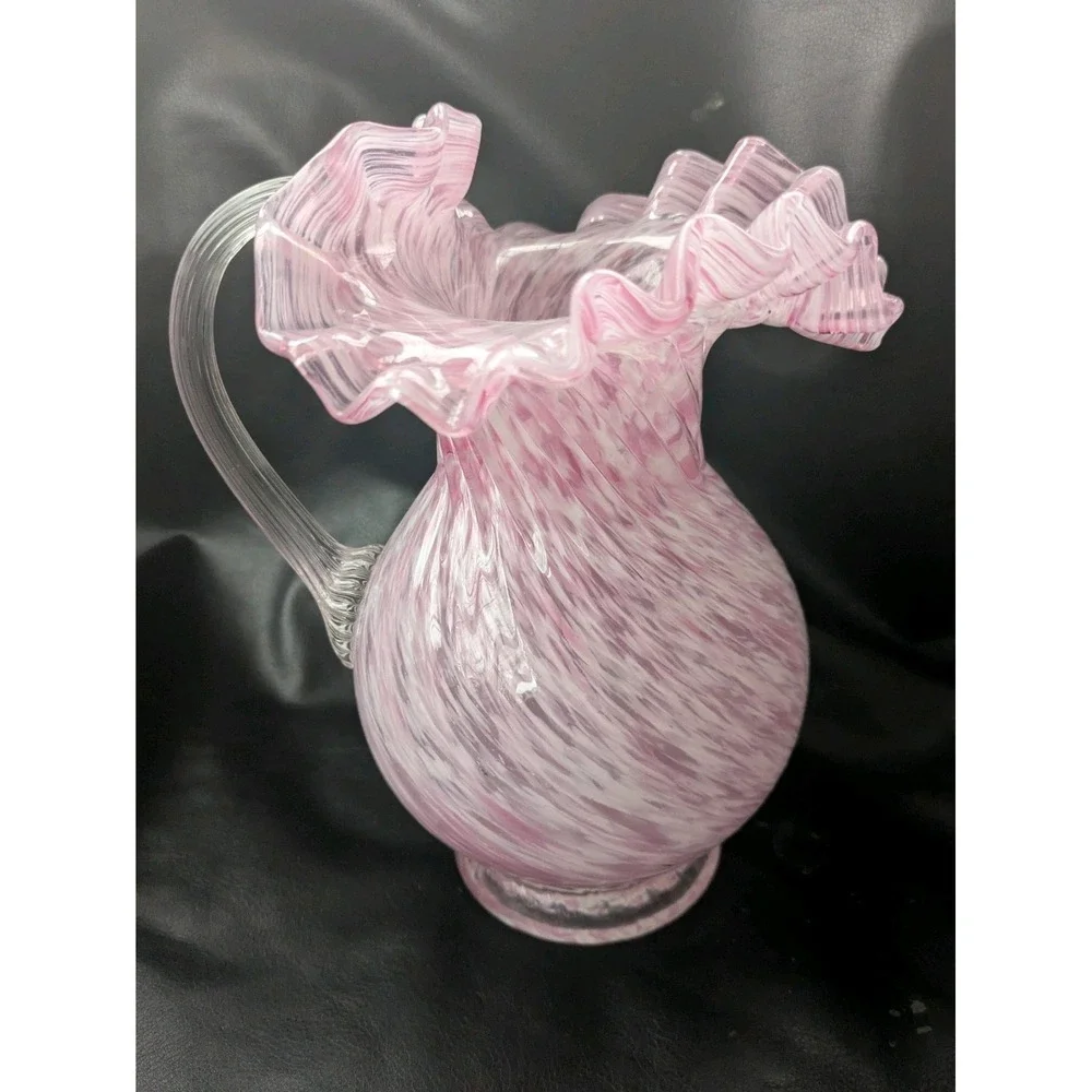 Fenton Pink White Spatter Glass Pitcher Ewer Threaded Handle Ruffled Rim 9 in